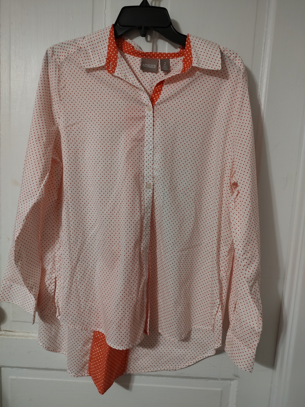 Chico's Light Pink Button-Up with Red Micro Dots